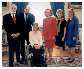 A picture of Wesla, Mike and Michael Moore with Hillary Clinton and Tipper Gore at the Whitehouse